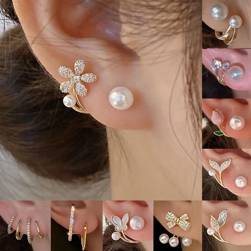 Korean Vintage Pearl Crystal Butterfly Stud Earrings