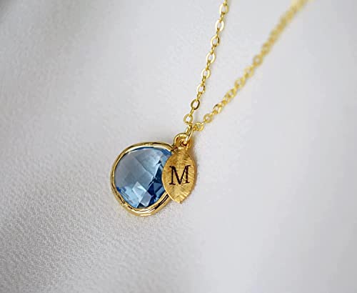 Blue Topaz Birthstone Necklace with Initial Pendant