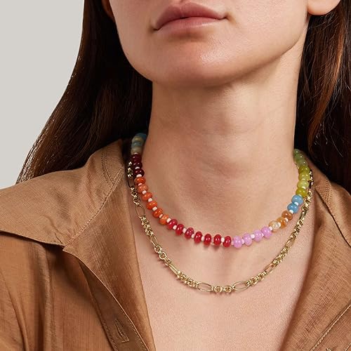Colorful Gemstone and Pearl Bead Choker Necklace 14K Gold Plated