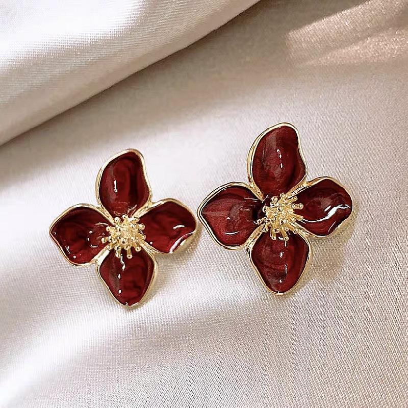 Vintage Red Flower Drip Glaze Earrings for Women