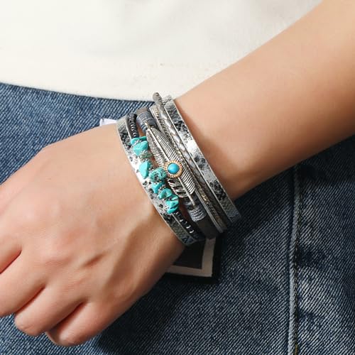 Boho Western Turquoise Leather Bracelet for Men and Women
