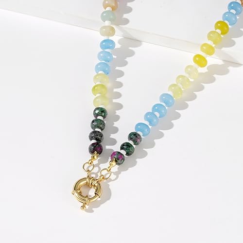 Colorful Gemstone and Pearl Bead Choker Necklace 14K Gold Plated
