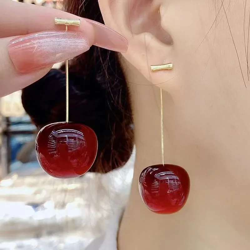 Delicate Red Cherry Pendant Earrings for Women