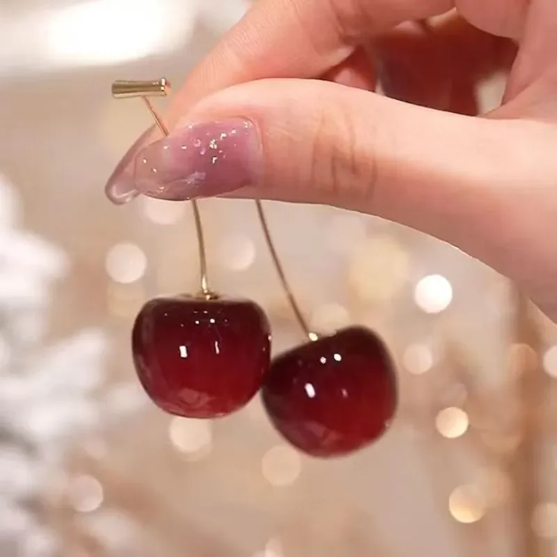 Delicate Red Cherry Pendant Earrings for Women