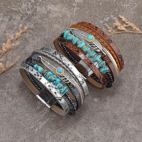 Boho Western Turquoise Leather Bracelet for Men and Women