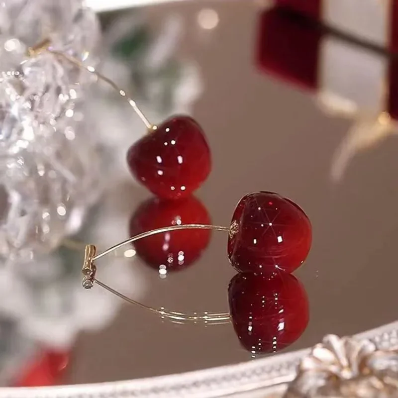 Delicate Red Cherry Pendant Earrings for Women