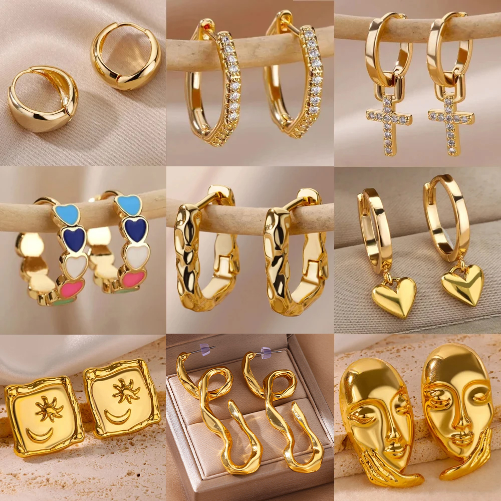 Vintage Gold Heart Zircon Hoop Earrings for Women