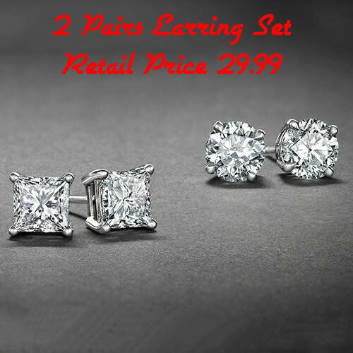 Sterling Silver Round CZ Stud Earrings Set