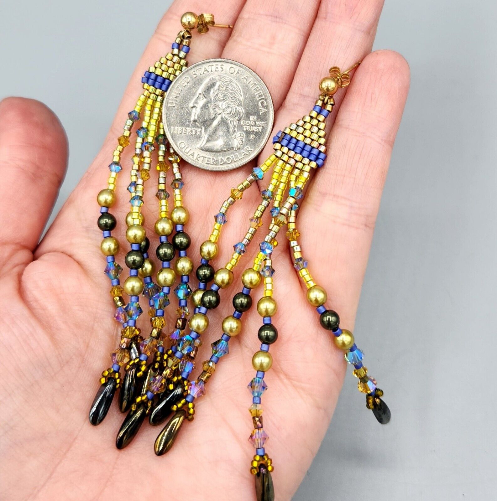 14k GF Beaded Drop Dangle Earrings - Chartreuse Blue Green