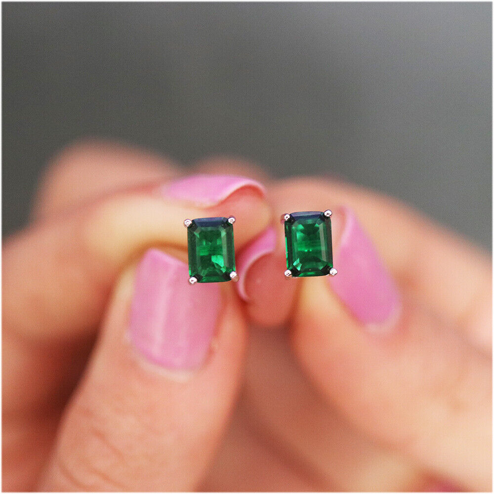 Emerald Cut Emerald Stud Earrings in Sterling Silver