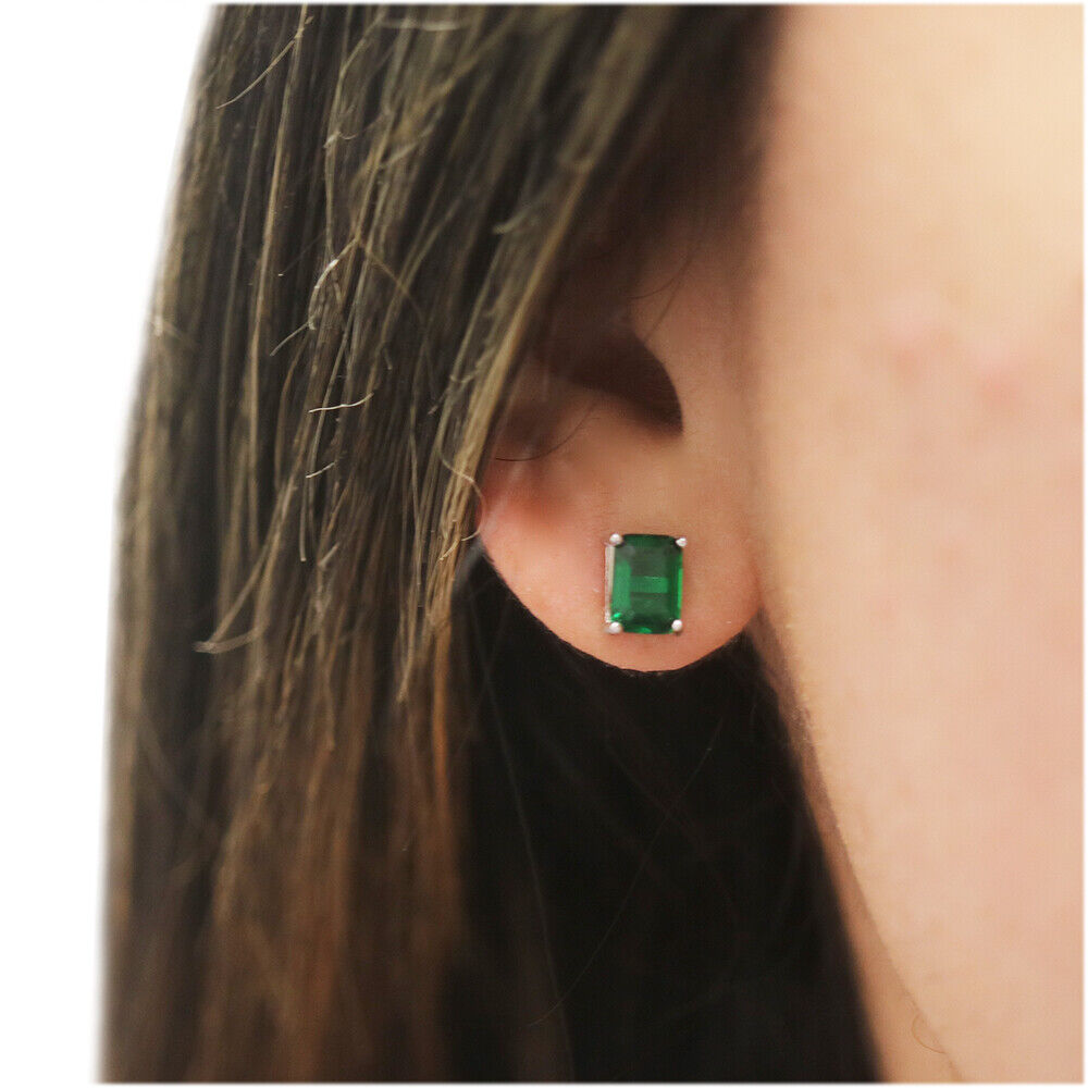 Emerald Cut Emerald Stud Earrings in Sterling Silver