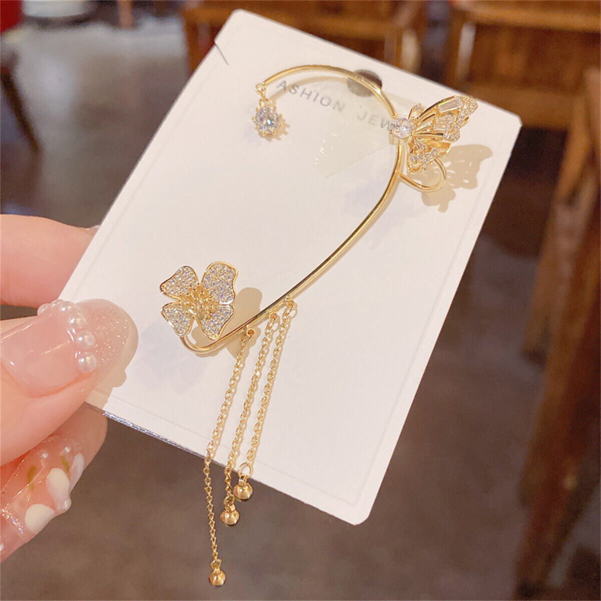 Butterfly Tassel Zircon Clip-On Earrings