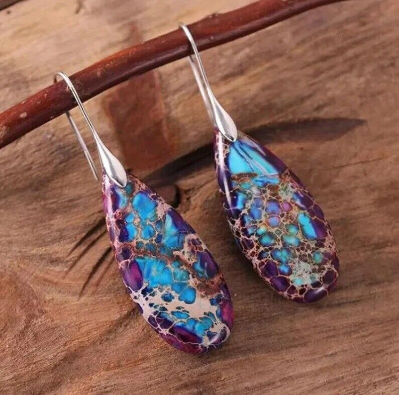 Imperial Jasper Teardrop Dangle Earrings in Silver