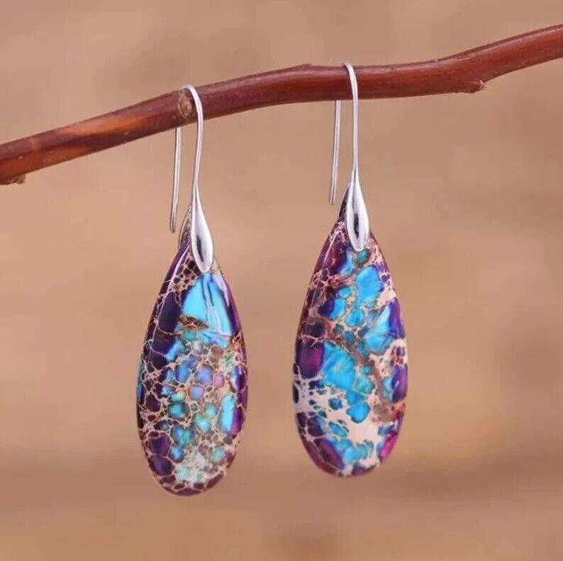 Imperial Jasper Teardrop Dangle Earrings in Silver