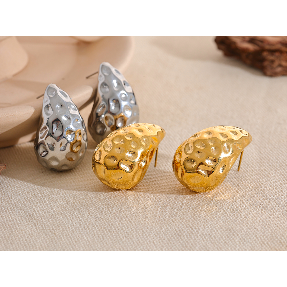 Waterproof Gold Textured Water Drop Stud Earrings