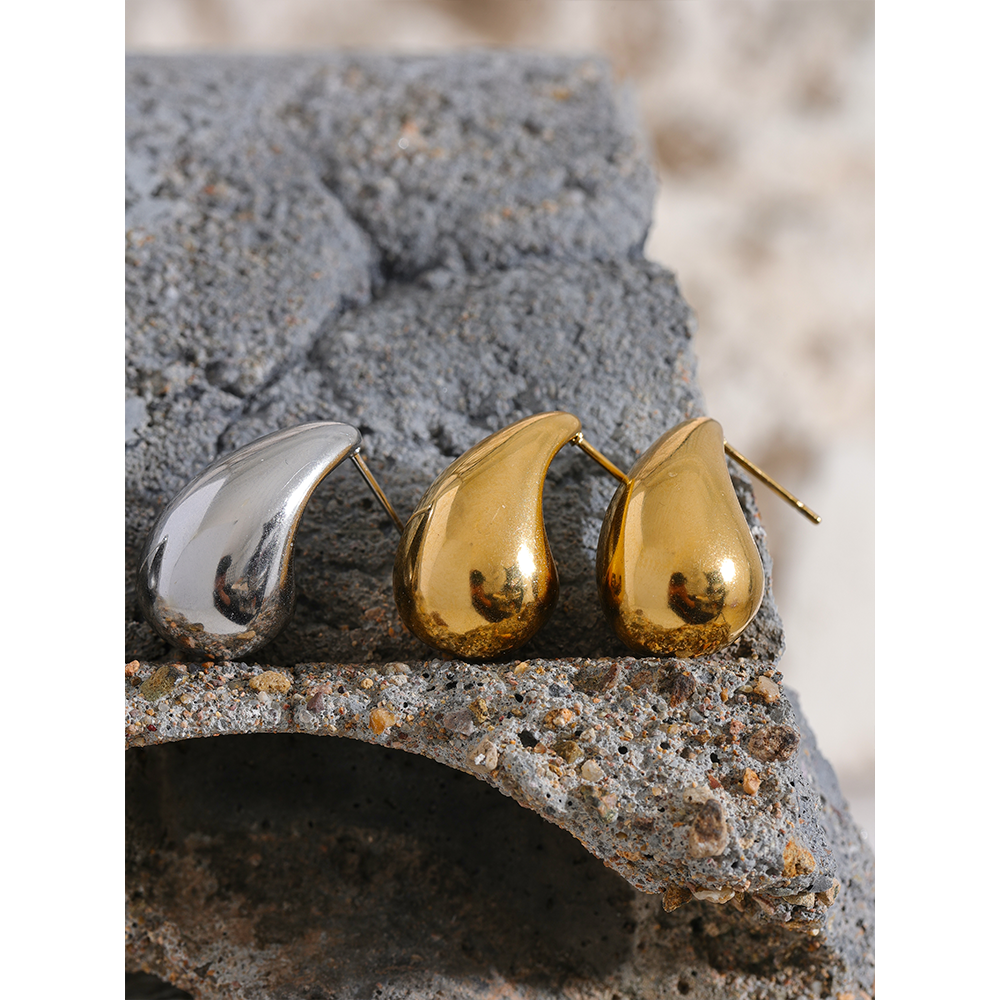 Waterproof Gold Textured Water Drop Stud Earrings