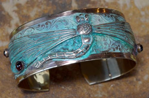 Artisan Dragonfly Garnet Cuff Bracelet - Handcrafted in USA