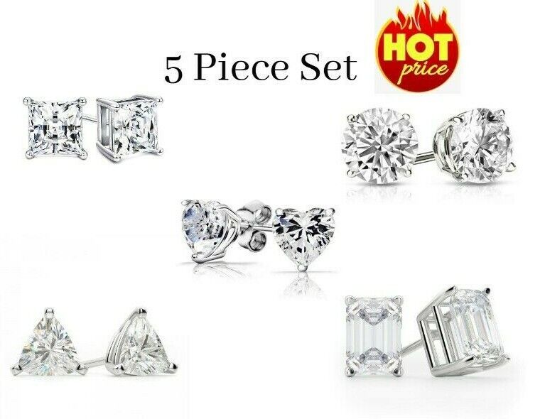 5PC Sterling Silver CZ Stud Earrings Set