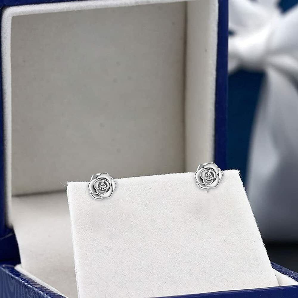 Sterling Silver CZ Flower Stud Earrings for Women