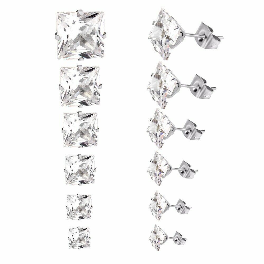 Cubic Zirconia Stainless Steel Square Stud Earrings