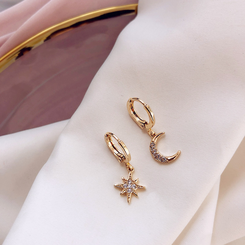 Asymmetric Star and Moon Dangle Earrings for Women