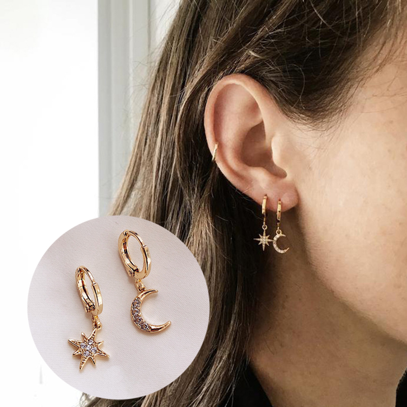 Asymmetric Star and Moon Dangle Earrings for Women