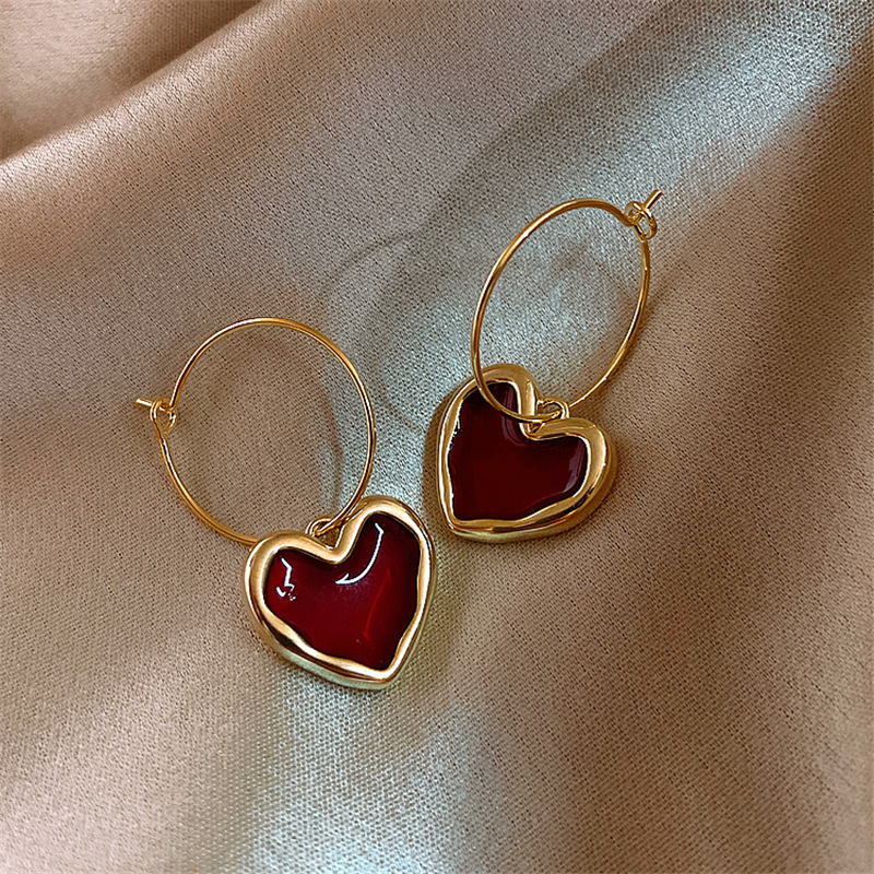 Burgundy Enamel Heart Dangle Earrings for Women