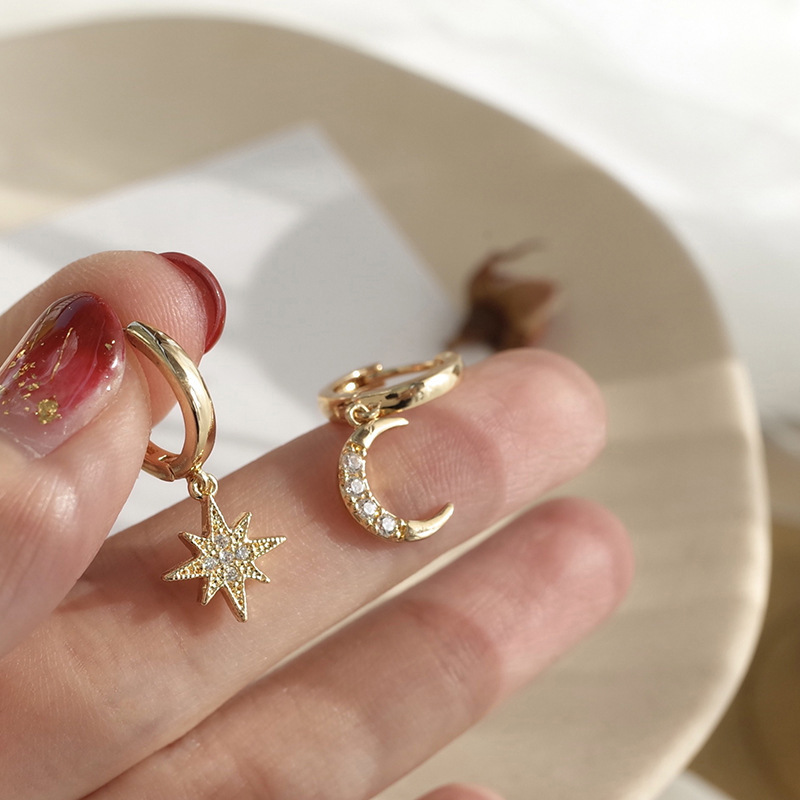 Asymmetric Star and Moon Dangle Earrings for Women