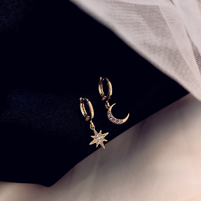 Asymmetric Star and Moon Dangle Earrings for Women