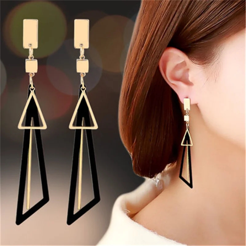 Korean Geometric Triangle Tassel Dangle Earrings