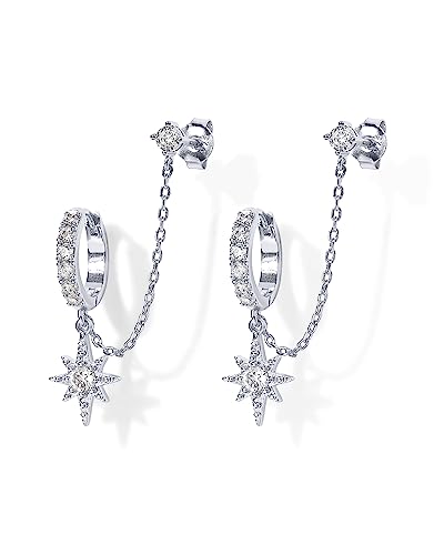 Rhodium Plated Star Dangle Hoop Earrings