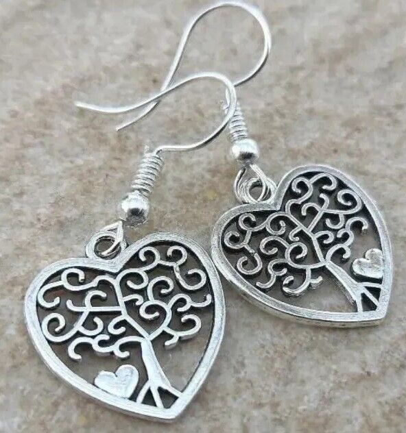 Sterling Silver Heart Tree of Life Earrings