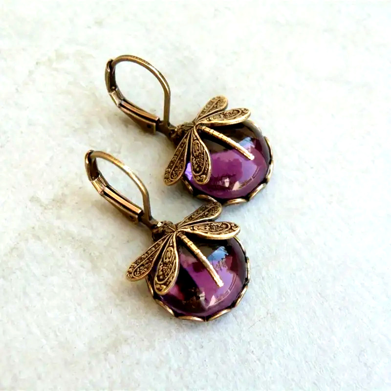 Vintage Boho Dragonfly Purple Crystal Earrings