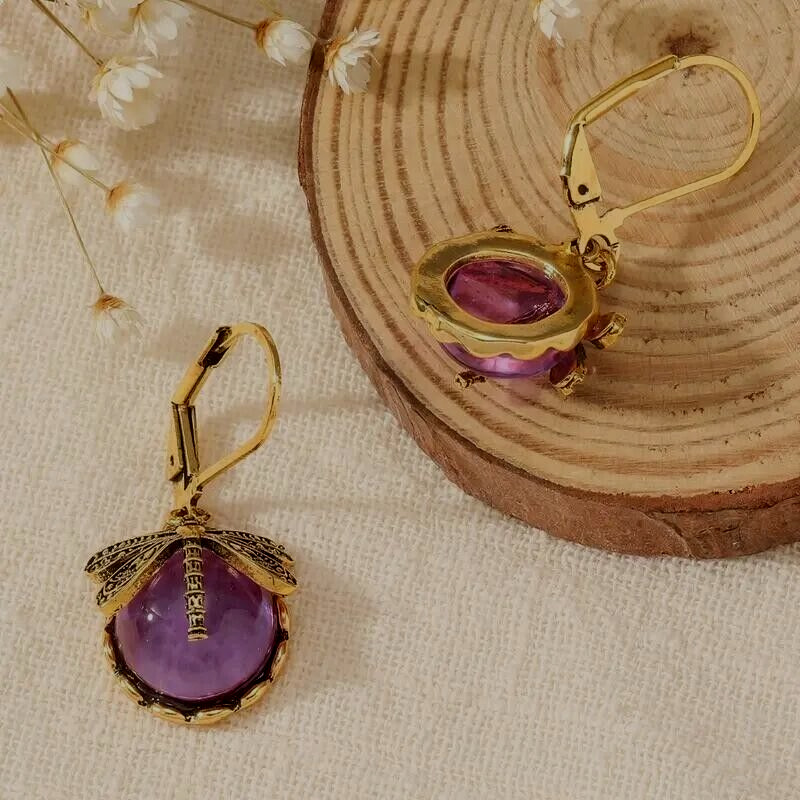 Vintage Boho Dragonfly Purple Crystal Earrings