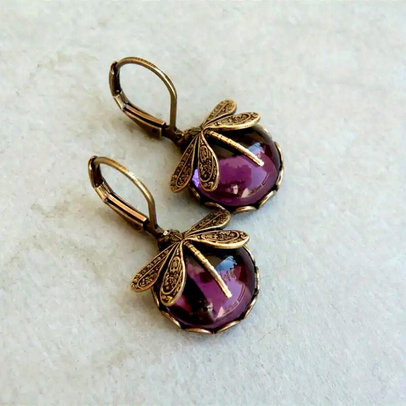Vintage Boho Dragonfly Purple Crystal Earrings