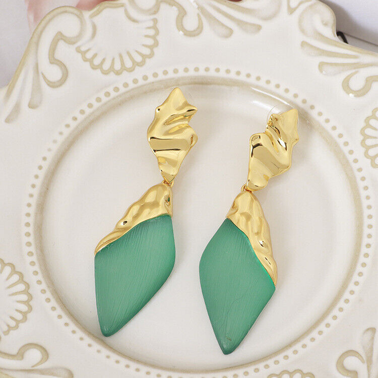 Gold Crumpled Cap Green Dangle Earrings