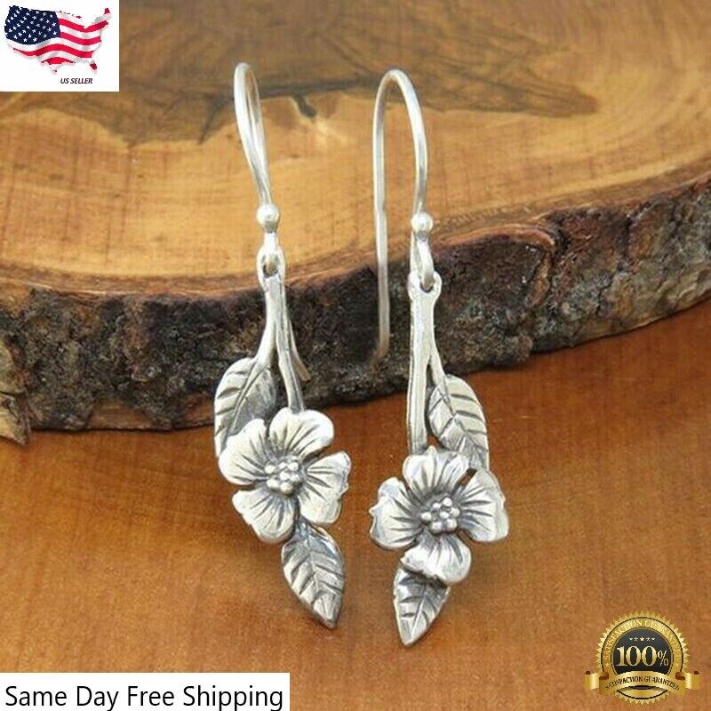 Vintage Silver Leaf Dangle Earrings for Women