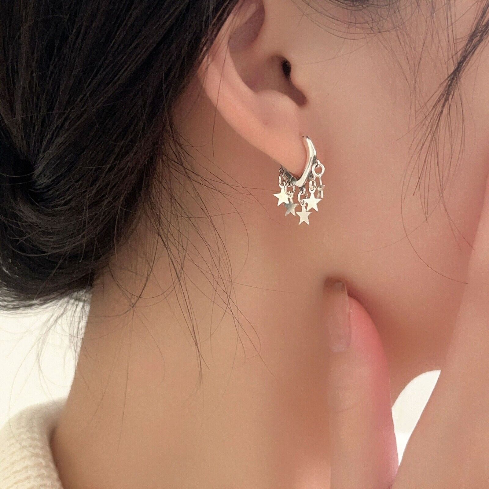 Sterling Silver Star Dangle Hoop Earrings