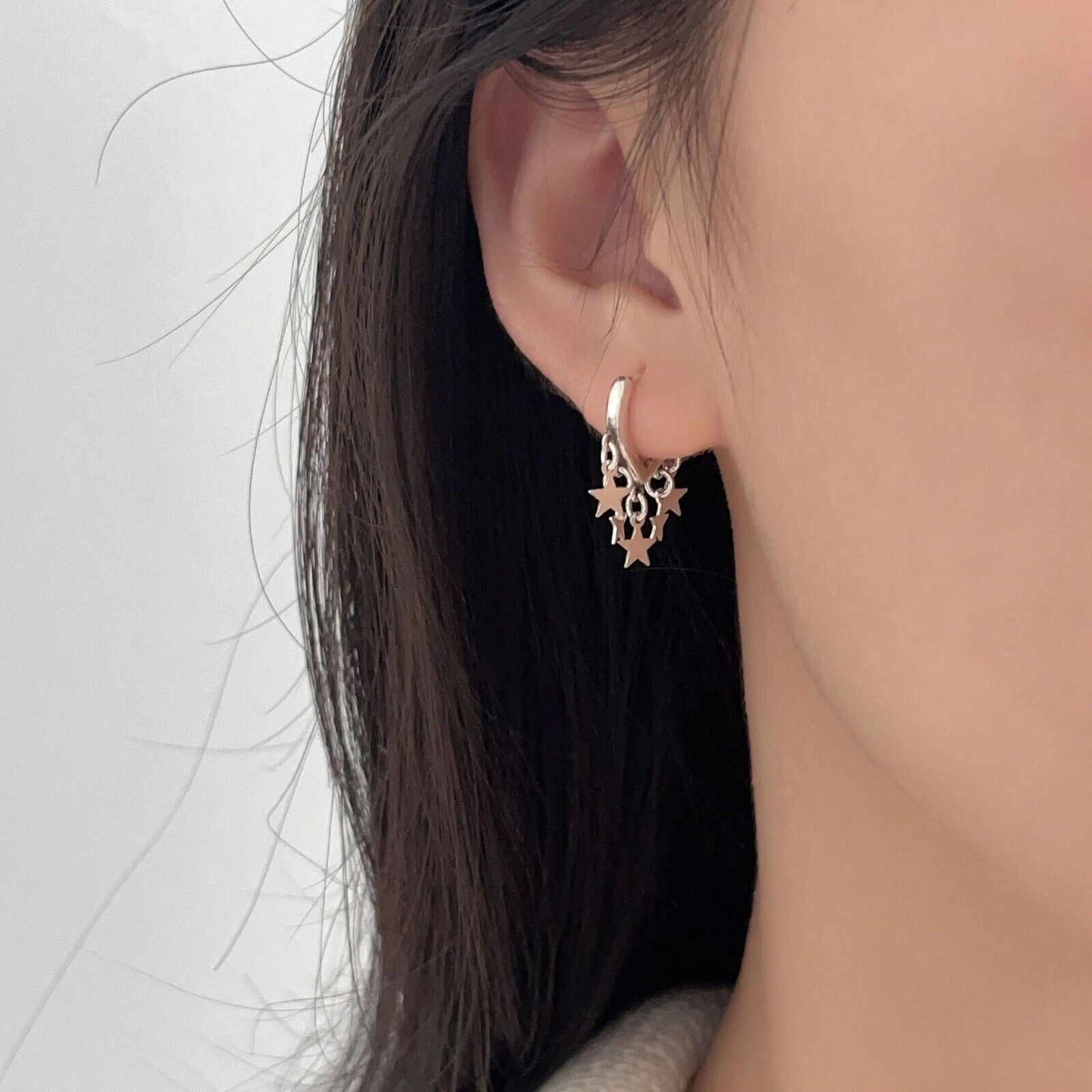 Sterling Silver Star Dangle Hoop Earrings