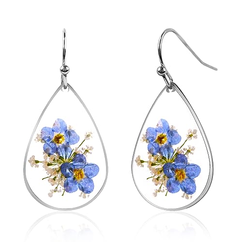 Pressed Flower Forget Me Not Drop Dangle Earrings