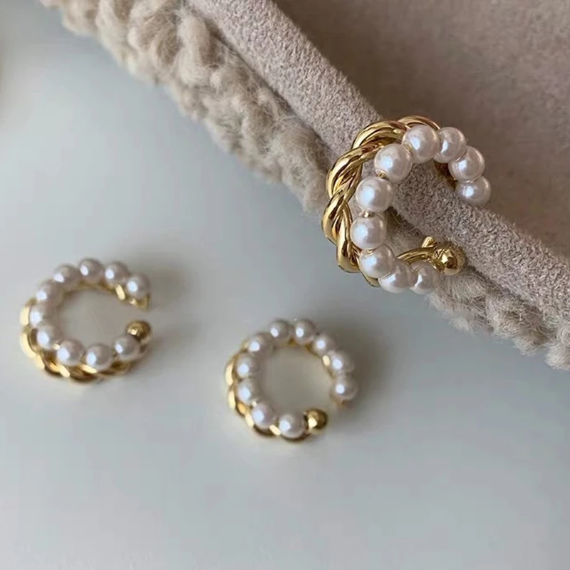 Korean Gold Twist Pearl Double Circle Ear Cuff