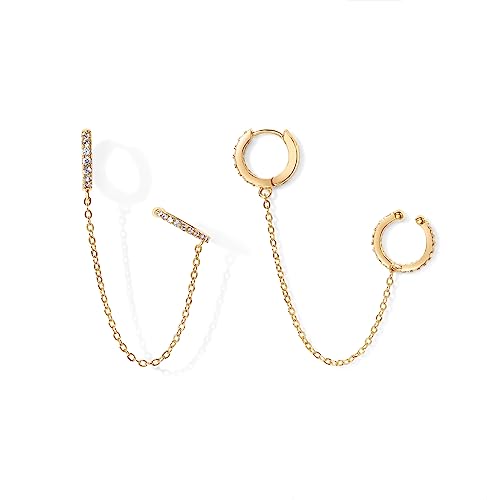 14K Gold Dangle Chain Huggie Earrings for Women