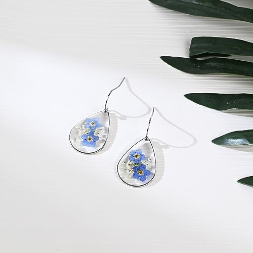 Pressed Flower Forget Me Not Drop Dangle Earrings