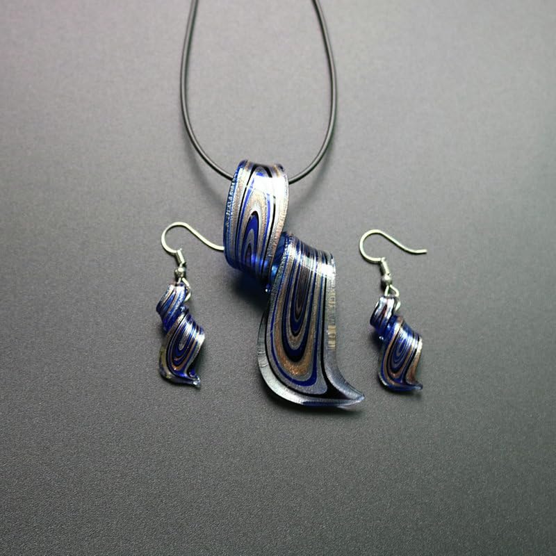 Handmade Geometric Glass Earrings and Necklace Set - Blue