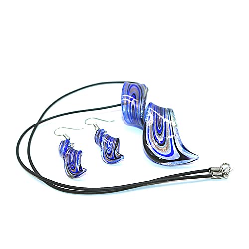 Handmade Geometric Glass Earrings and Necklace Set - Blue