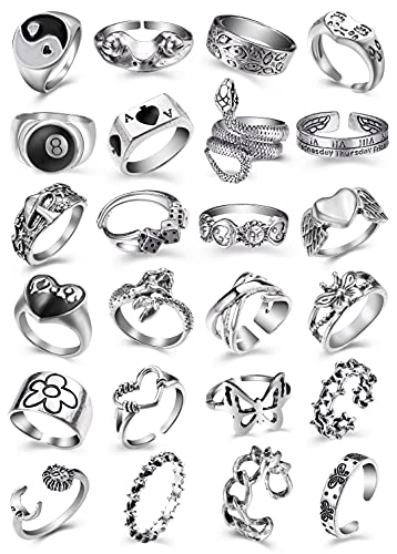 24PCS Vintage Adjustable Silver Punk Rings Set