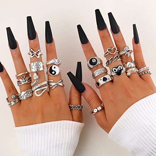 24PCS Vintage Adjustable Silver Punk Rings Set