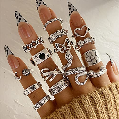 24PCS Vintage Adjustable Silver Punk Rings Set