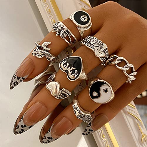 24PCS Vintage Adjustable Silver Punk Rings Set