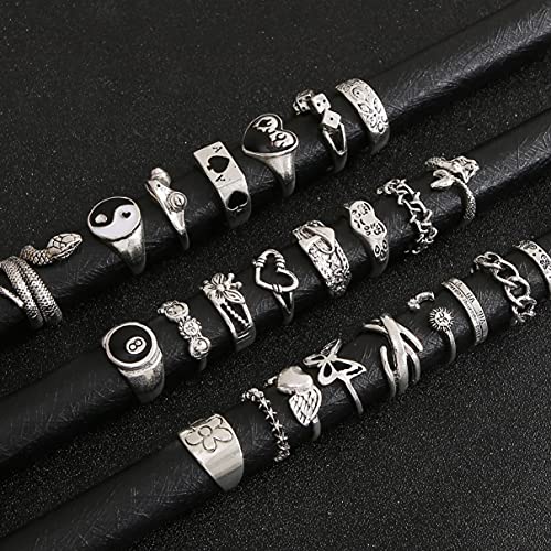 24PCS Vintage Adjustable Silver Punk Rings Set